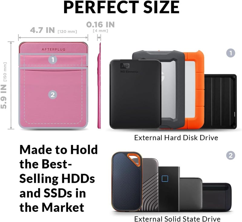 Afterplug 2-Pocket Adhesive Pouch for Laptop, Compatible with External 2.5" HDD, SSD, Magic Mouse, USB Cable and More - Pink - Image 3